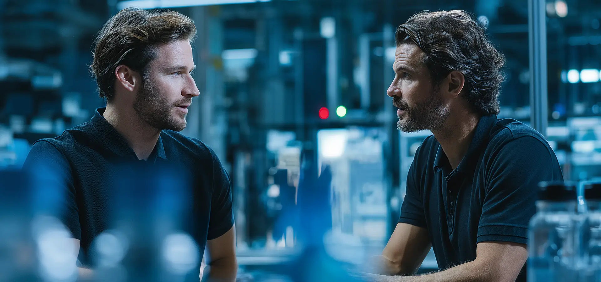 Two Tech Tool machinists discussing tooling and Oemeta coolant performance inside a modern CNC shop, with blurred machines and industrial lighting in the background.