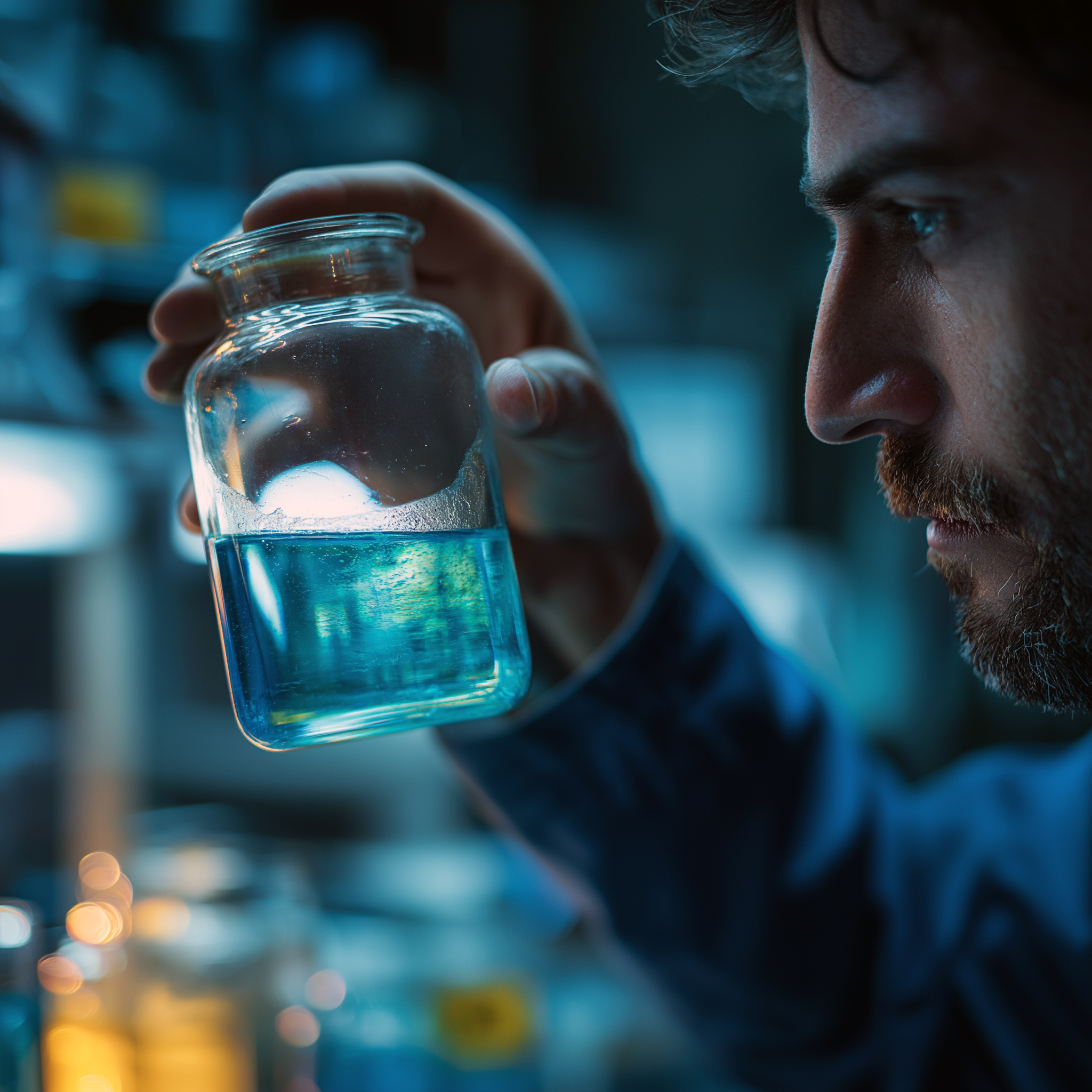 Load video: Engineer analyzing Oemeta Hycut coolant sample under bright lab lighting in a modern industrial lab with Tech Tool.