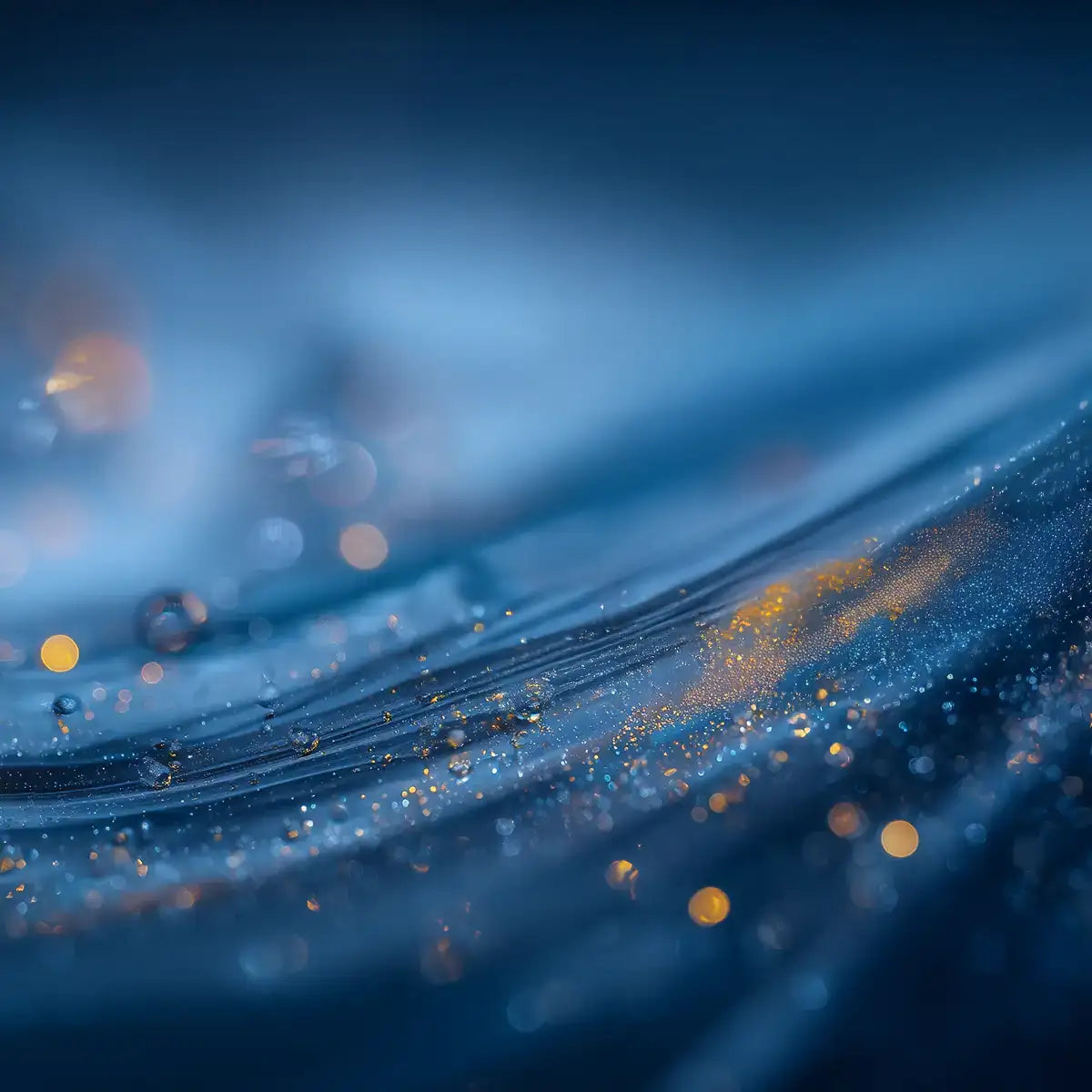 Clean coolant droplets on a smooth blue surface with clear fluid stability and high performance machining clarity