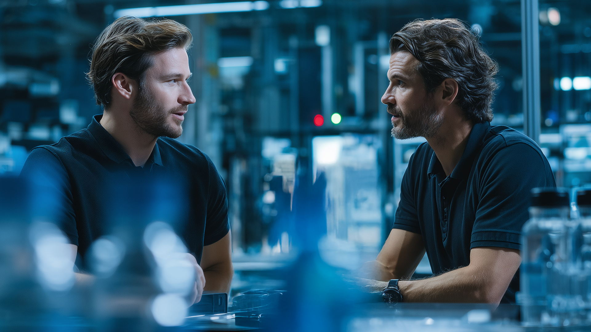 Load video: Two engineers discussing machining process improvements in a modern factory, professional industrial setting with Tech Tool.