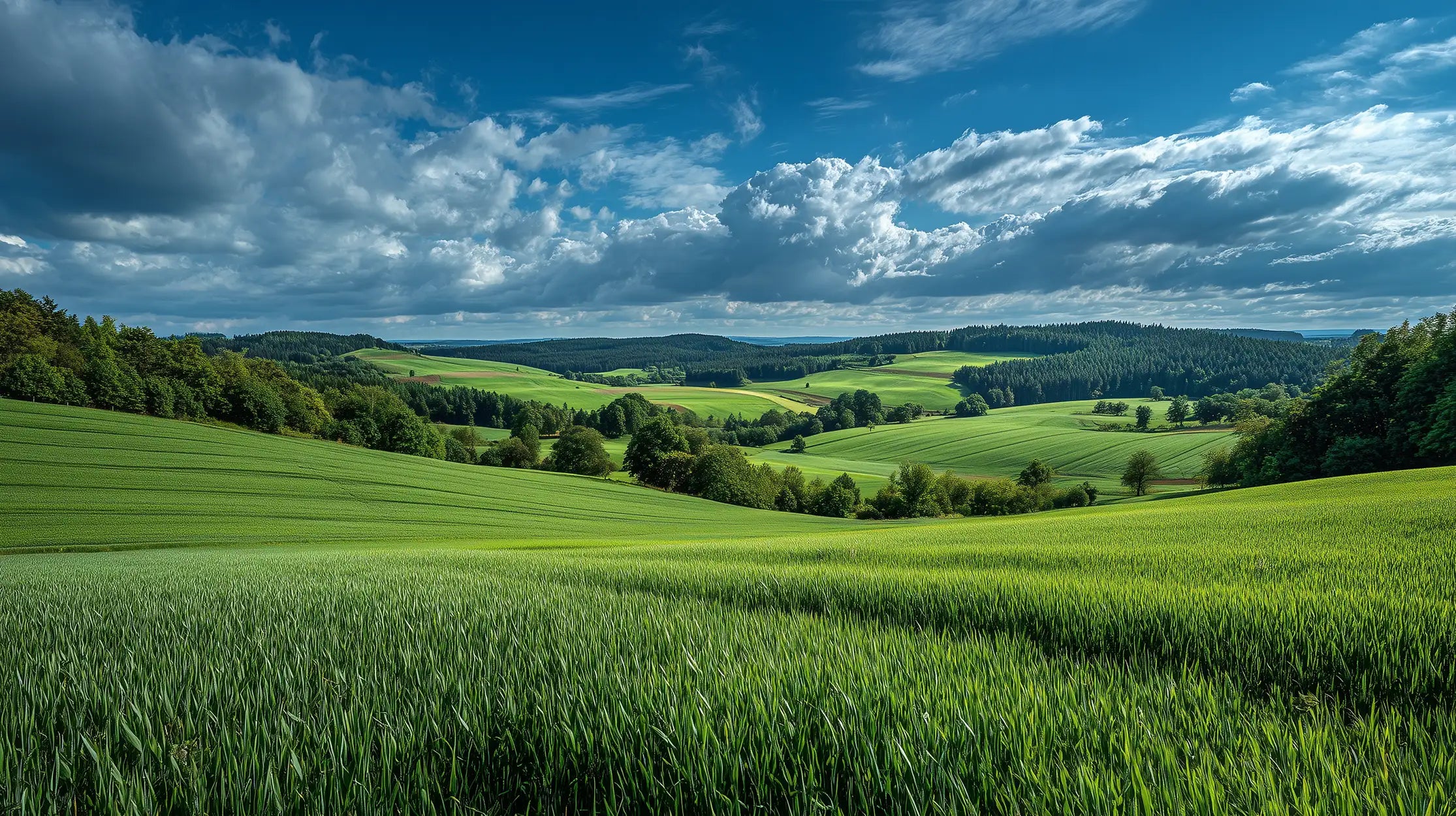 Green fields and trees under a blue sky with clouds in Germany with Oemeta and Tech Tool