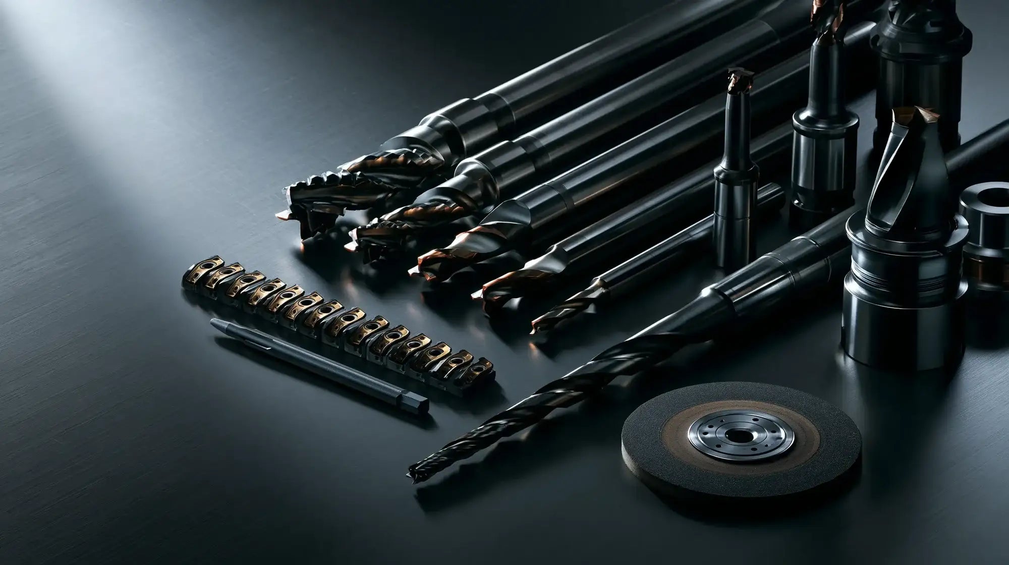 A set of dark metallic drilling and cutting tools arranged on a glossy black surface, including drill bits, a rotary burr, a round grinding wheel, and a small accessory holder