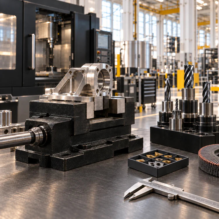 Precision cutting tools, carbide inserts, a machining vise, and measuring tools on a workbench.