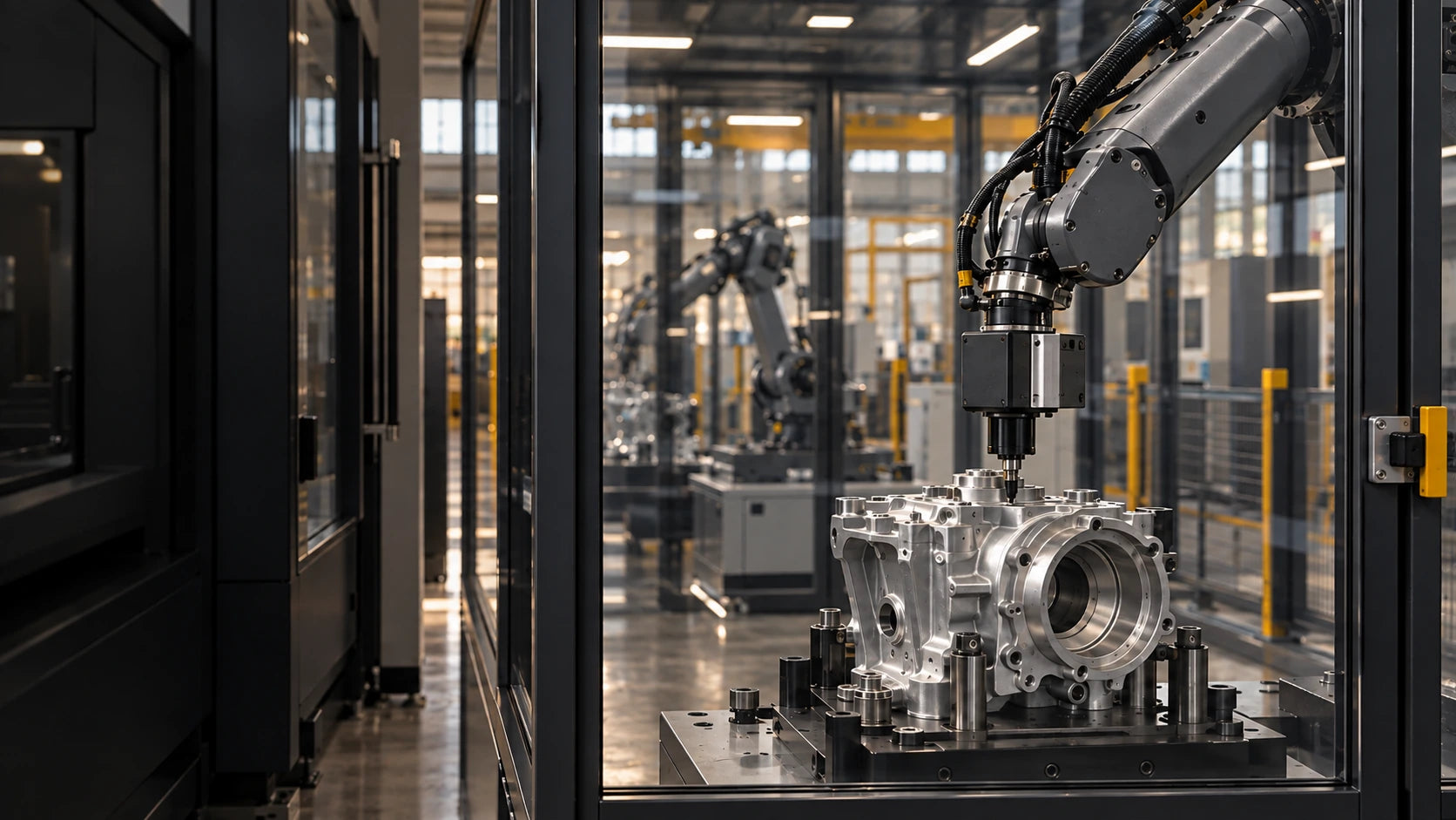 An industrial robot works on a metal housing inside a closed safety enclosure.