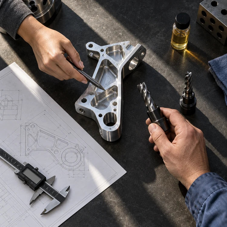 Hands comparing a cutting tool with a machined aluminum part and its engineering drawing.