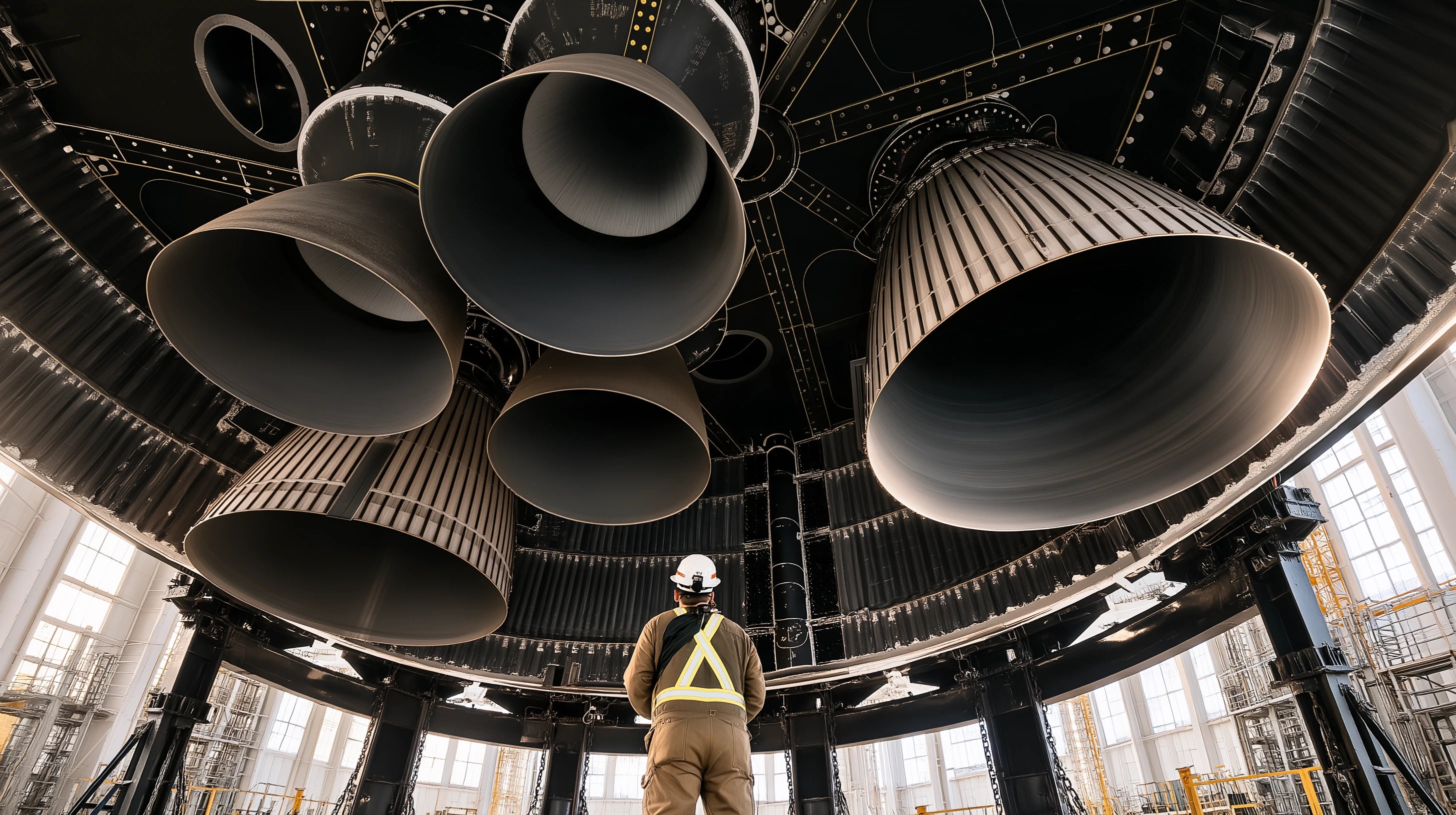 A worker inspects a cluster of large rocket engines inside a manufacturing facility.