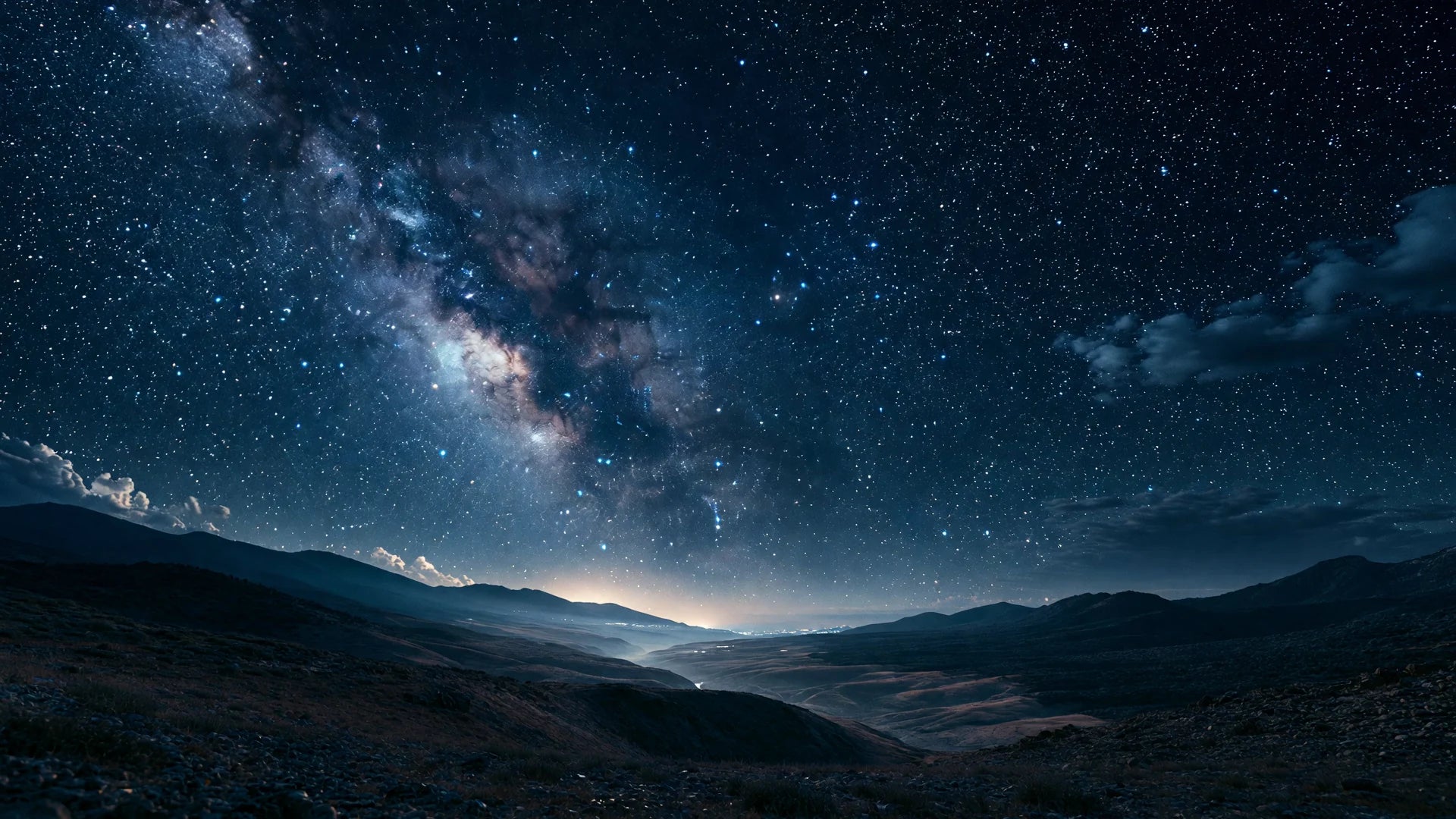 The Milky Way spans a dark mountain valley beneath a clear night sky.