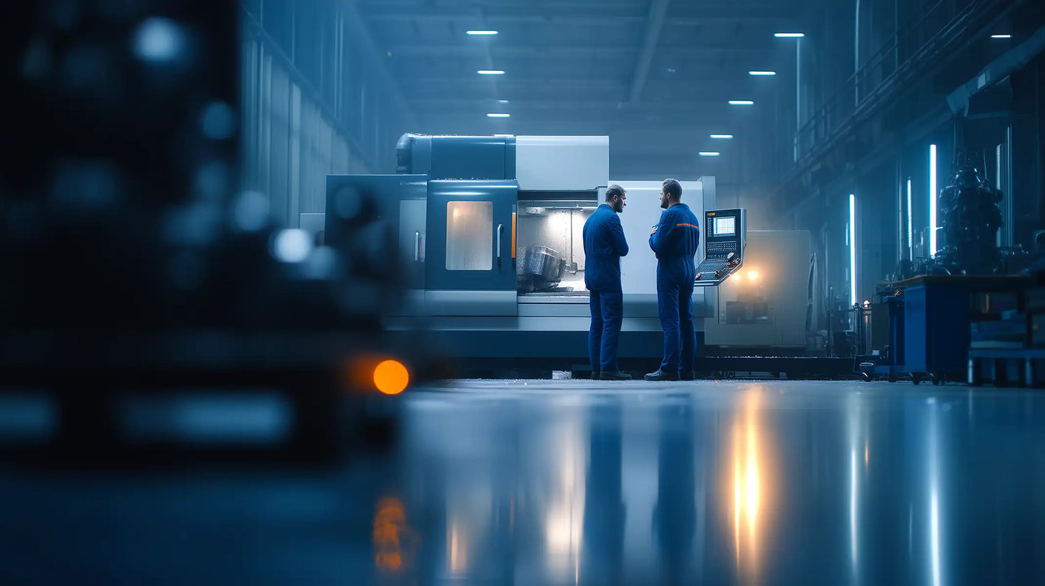 CNC machinists in a clean modern shop using Tech Tool and Oemeta coolants to maintain stable sumps and reduce downtime