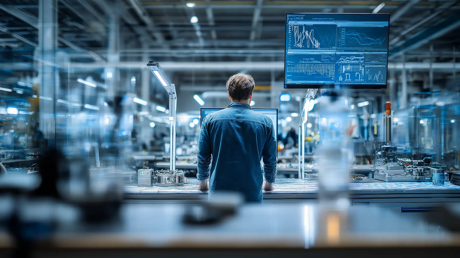 Tech Tool operator monitoring Oemeta coolant performance and sump stability on a digital dashboard in a modern CNC shop