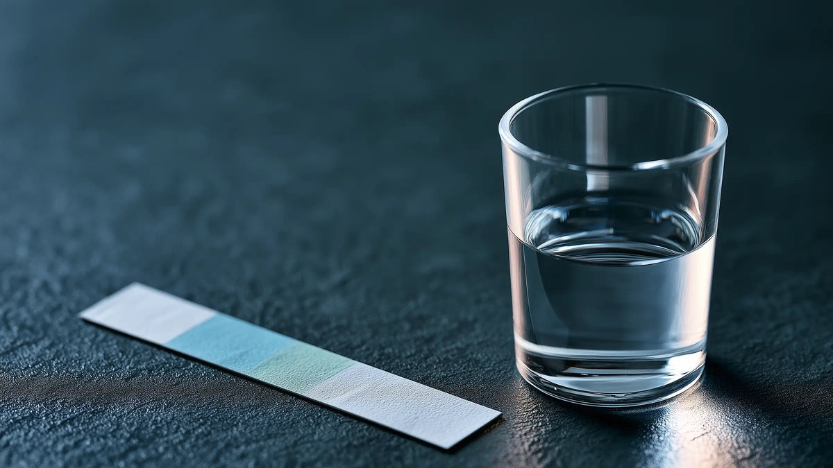 Test strip beside a clear fluid sample for the Tech Tool Oemeta coolant pH guide