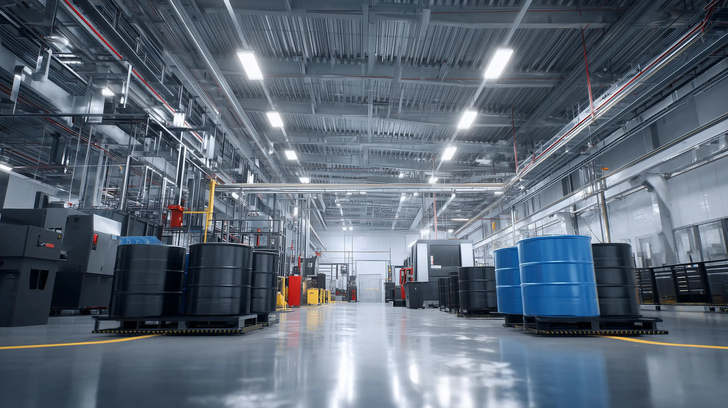 Tech Tool and Oemeta coolant cost comparison in a clean CNC shop with industrial drums
