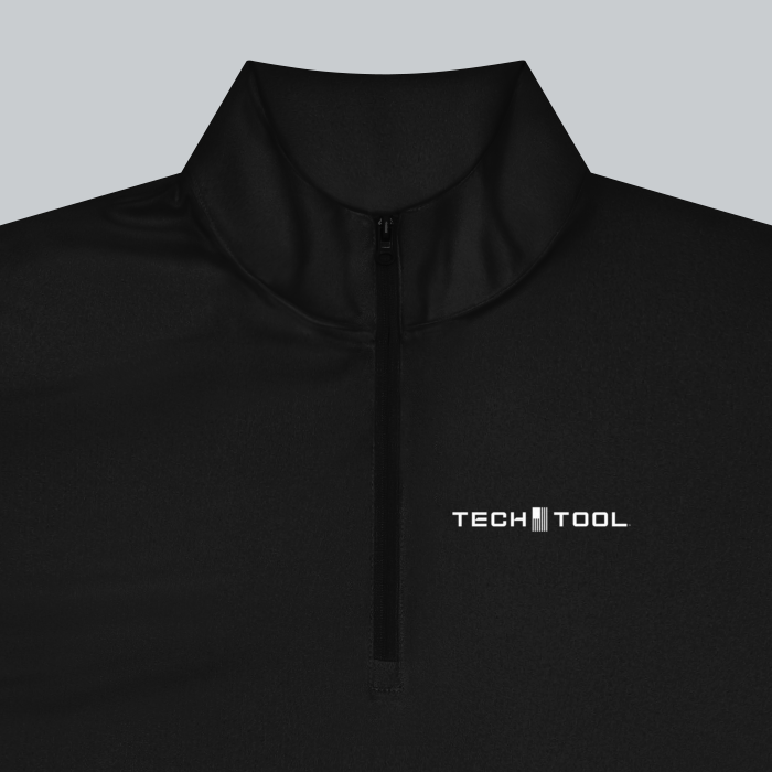Tech Tool Unisex Core Quarter-Zip Pullover, close-up of the cadet collar, matching quarter zipper and fabric construction | Color: Black