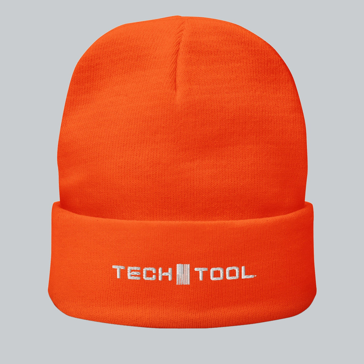 Neon Cuffed Beanie, front view showing embroidered Tech Tool logo on the folded cuff | Color: Neon Orange