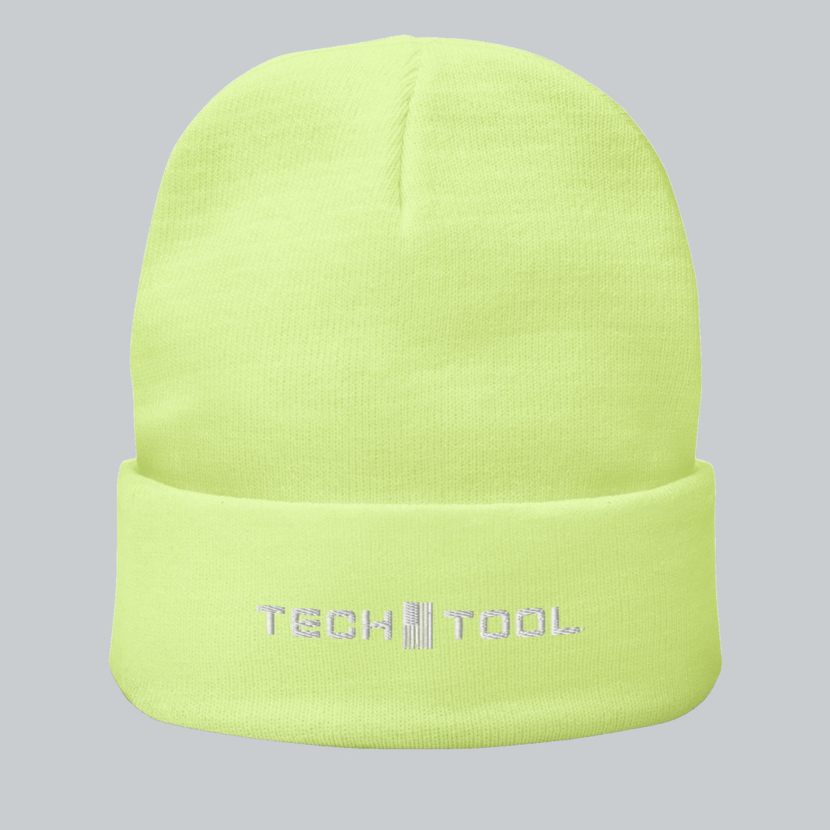 Neon Cuffed Beanie, front view showing embroidered Tech Tool logo on the folded cuff | Color: Neon Yellow