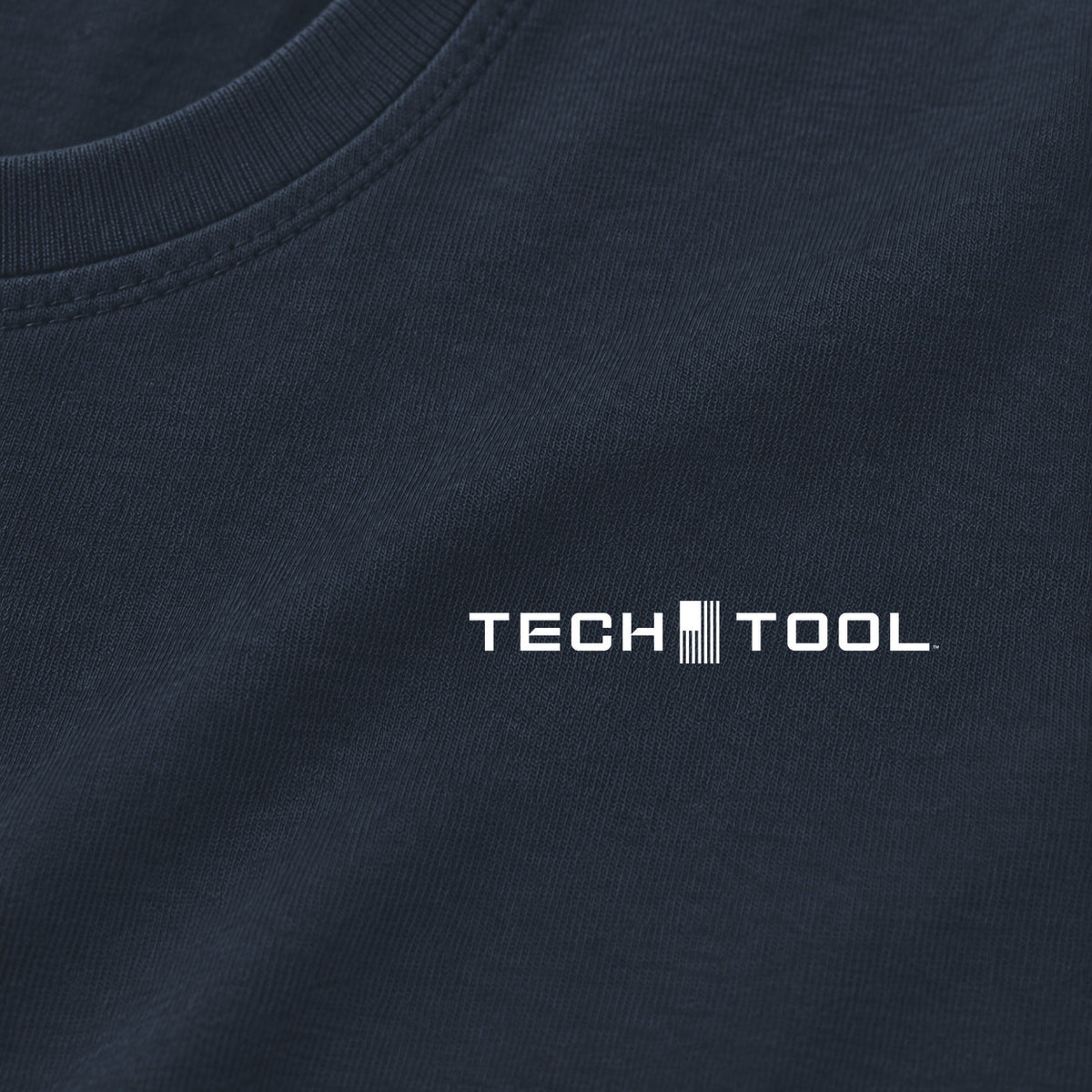 Tech Tool Core T-Shirt, level left-chest logo close-up showing cotton jersey and neckline | Color: Midnight Navy