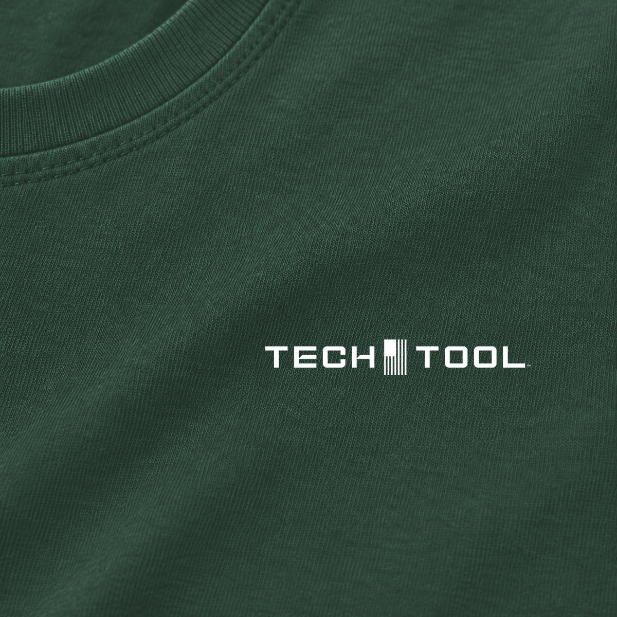 Tech Tool Core T-Shirt, level left-chest logo close-up showing cotton jersey and neckline | Color: Forest Green