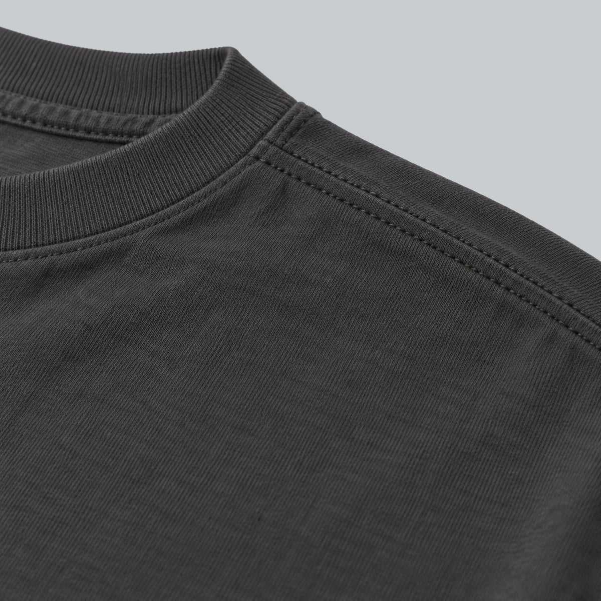 Premium Unisex Tech Tool Core T-Shirt, back construction macro showing crew neckline, shoulder stitching and cotton jersey | Color: Heavy Metal
