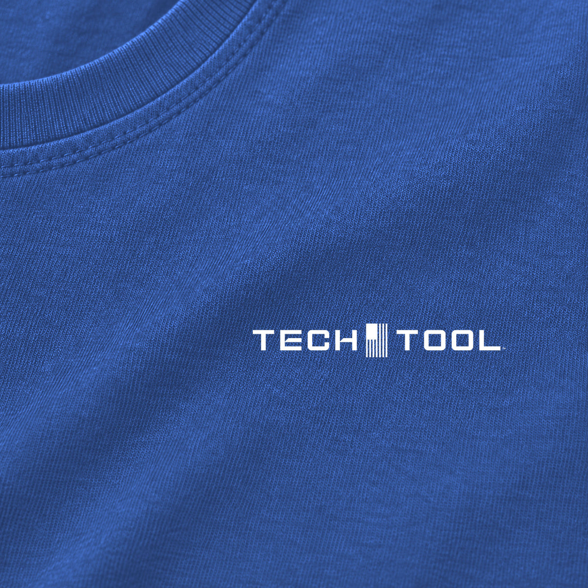 Tech Tool Core T-Shirt, level left-chest logo close-up showing cotton jersey and neckline | Color: Royal Blue