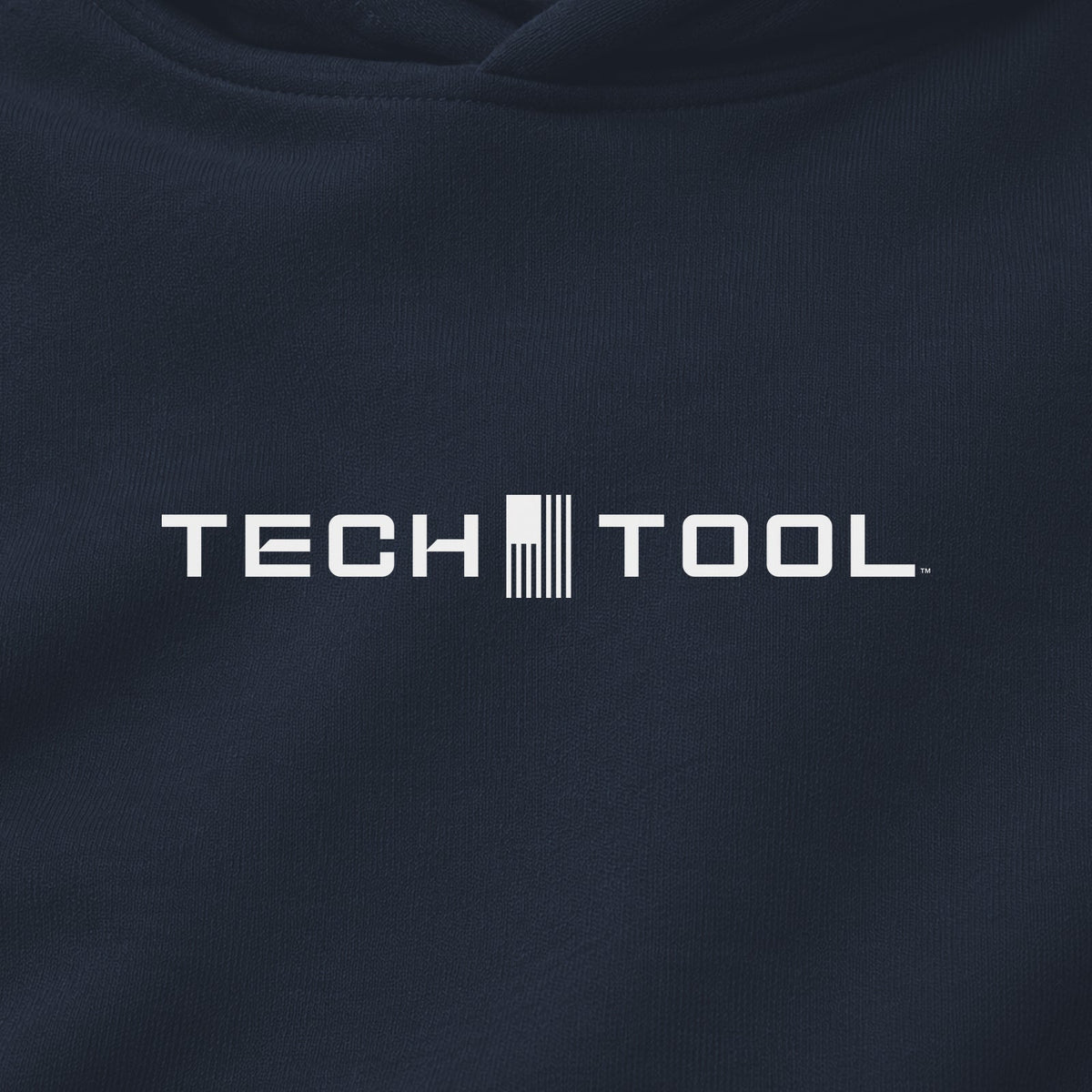 Premium Unisex Tech Tool Core Pullover Hoodie, centered chest-print close-up showing Tech Tool logo and cotton-blend fabric | Color: Navy Blazer