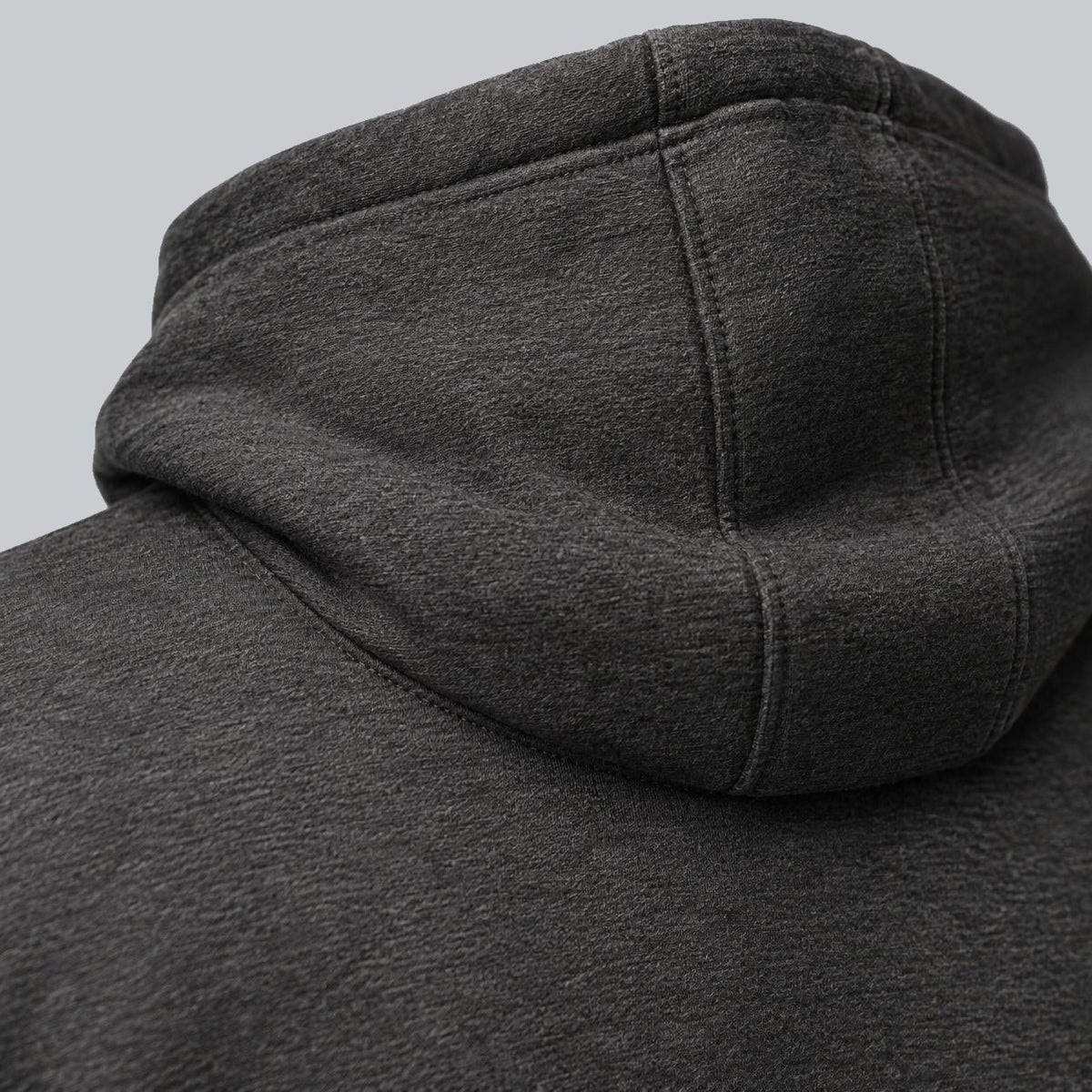 Premium Unisex Tech Tool Core Pullover Hoodie, back construction macro showing hood seam and cotton-blend fabric | Color: Charcoal Heather