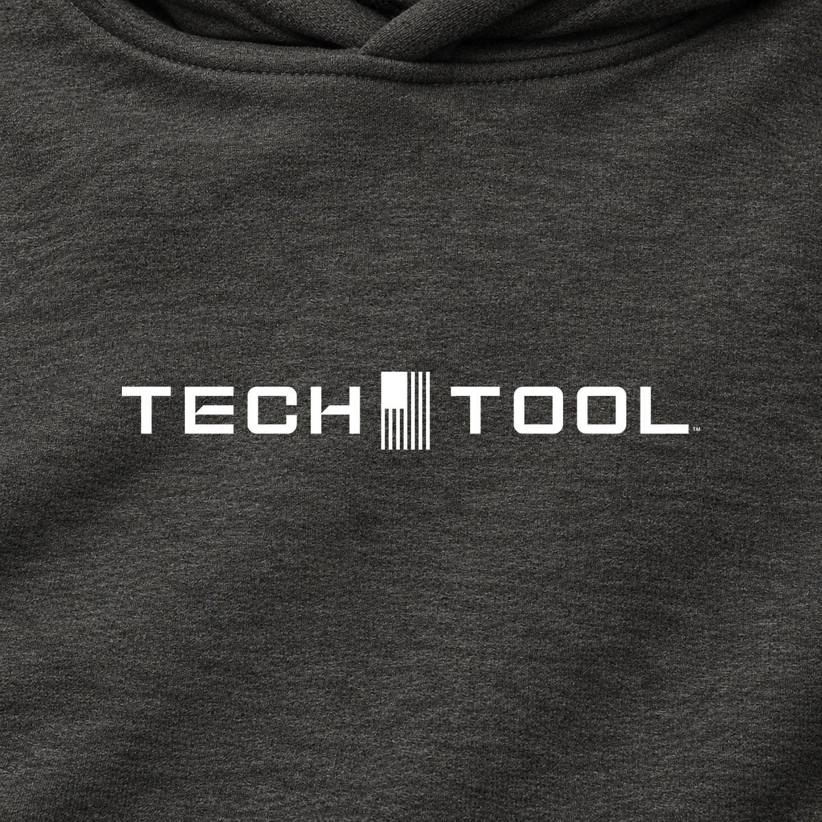 Tech Tool Core Pullover Hoodie, centered chest logo detail on charcoal heather fabric | Color: Charcoal Heather