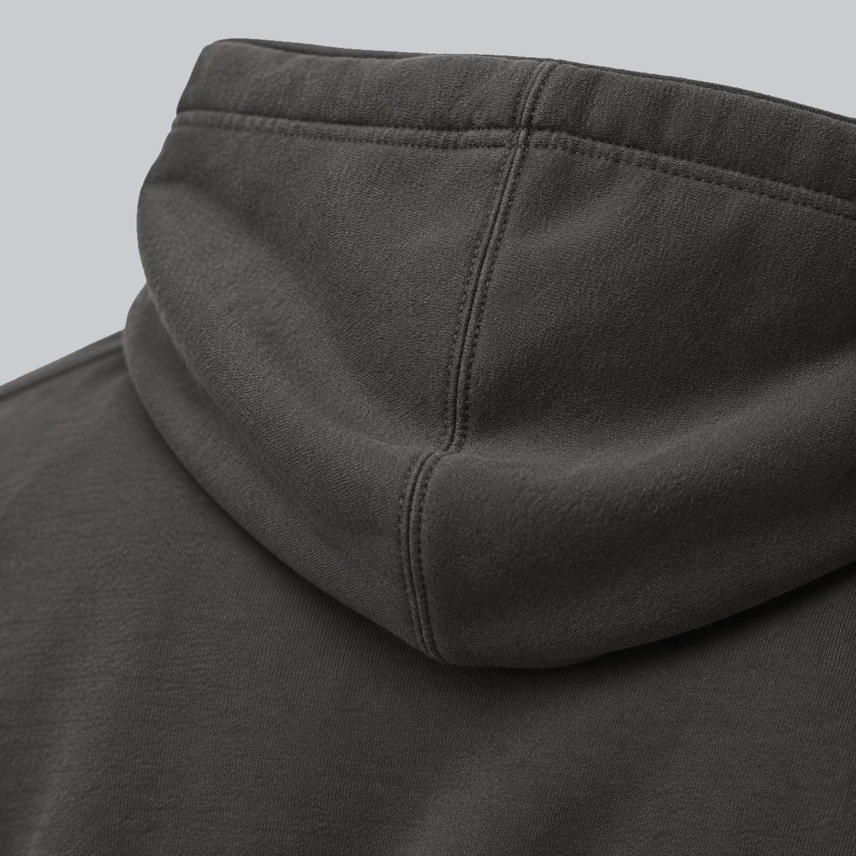 Premium Unisex Tech Tool Core Pullover Hoodie, back construction macro showing hood seam and cotton-blend fabric | Color: Vintage Black