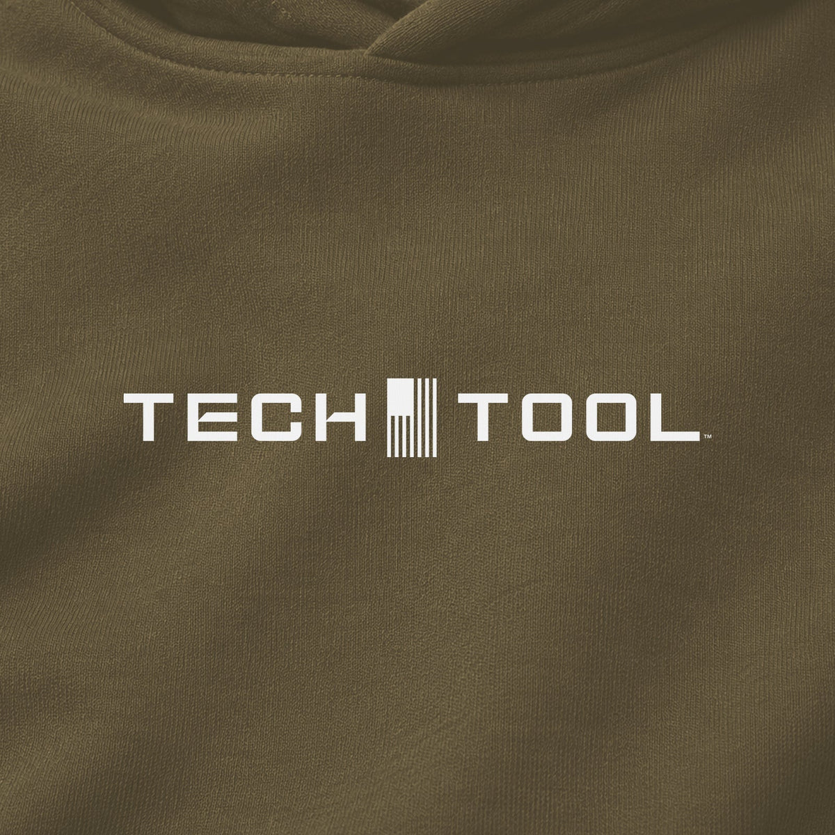 Premium Unisex Tech Tool Core Pullover Hoodie, centered chest-print close-up showing Tech Tool logo and cotton-blend fabric | Color: Military Green