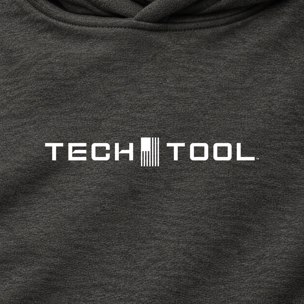 Finish Strong Pullover Hoodie in Charcoal Heather, centered Tech Tool chest-print detail and heathered fabric