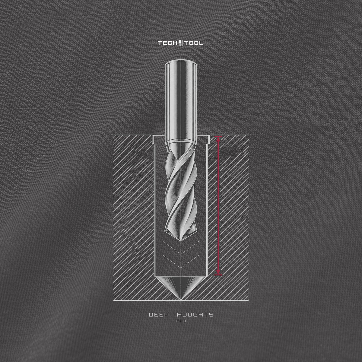 Deep Thoughts / G83 T-Shirt, back detail showing G83 drilling illustration and fabric texture (simulated detail)