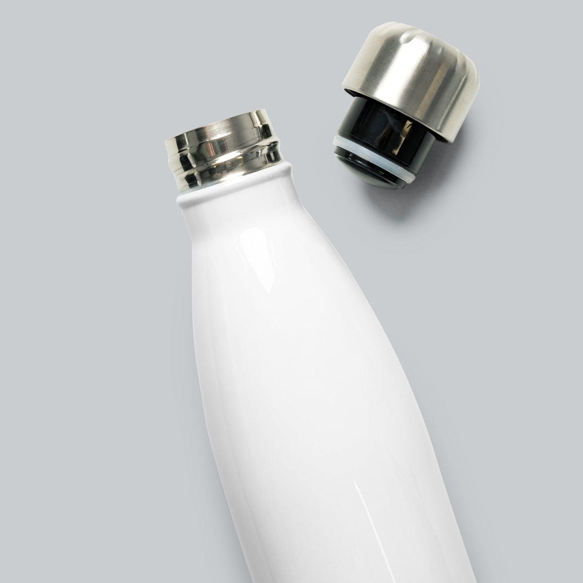 Stainless Steel Water Bottle, back detail showing brushed metal screw-top lid and bottle neck | Color: White