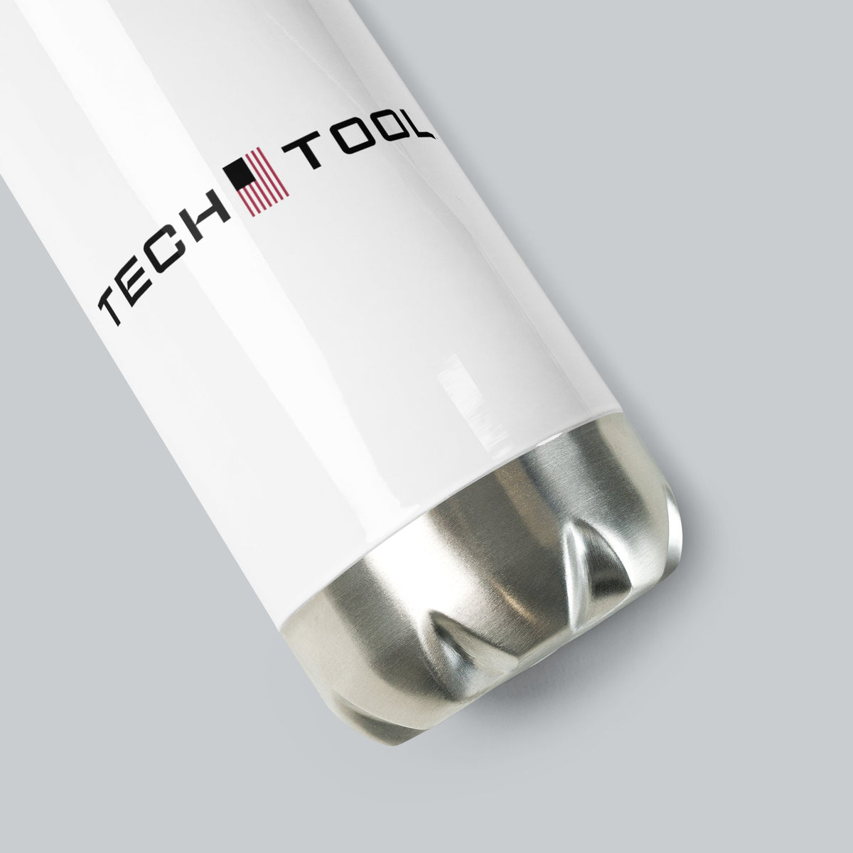 Stainless Steel Water Bottle, angled close-up of Tech Tool print and brushed stainless steel base | Color: White