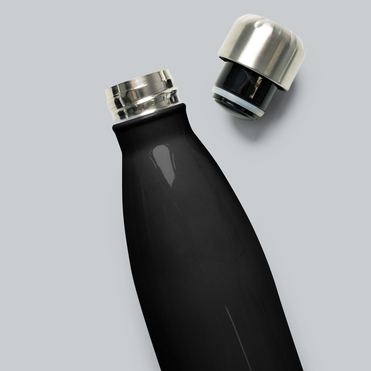Stainless Steel Water Bottle, back detail showing brushed metal screw-top lid and bottle neck | Color: Black