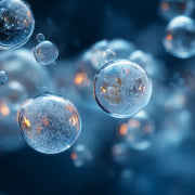 Oemeta ADDI PROX G anti foam additive shown as detailed micro bubble spheres on a blue coolant surface used by Tech Tool for powerful foam reduction and cleaner stable coolant clarity