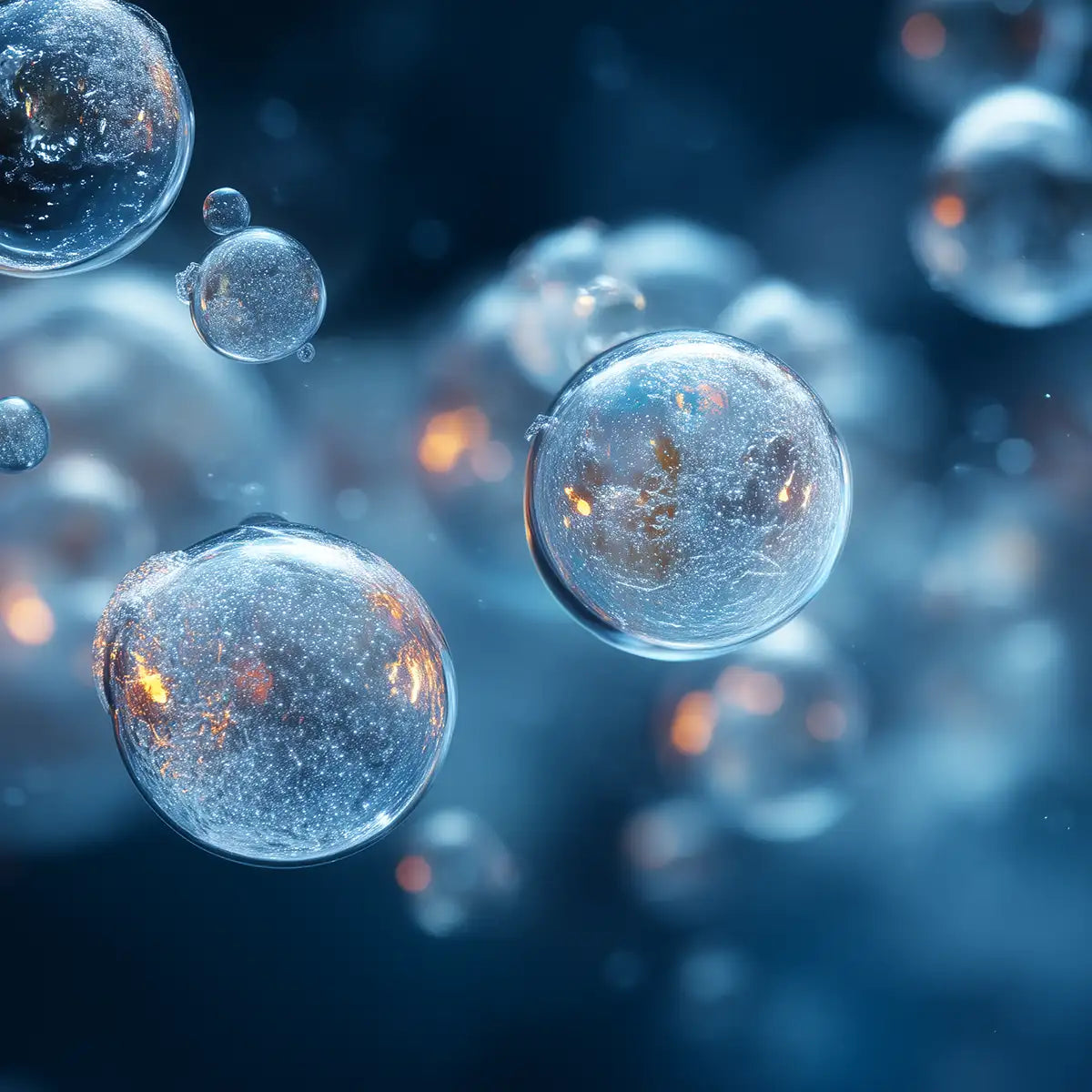 Oemeta ADDI PROX G anti foam additive shown as detailed micro bubble spheres on a blue coolant surface used by Tech Tool for powerful foam reduction and cleaner stable coolant clarity