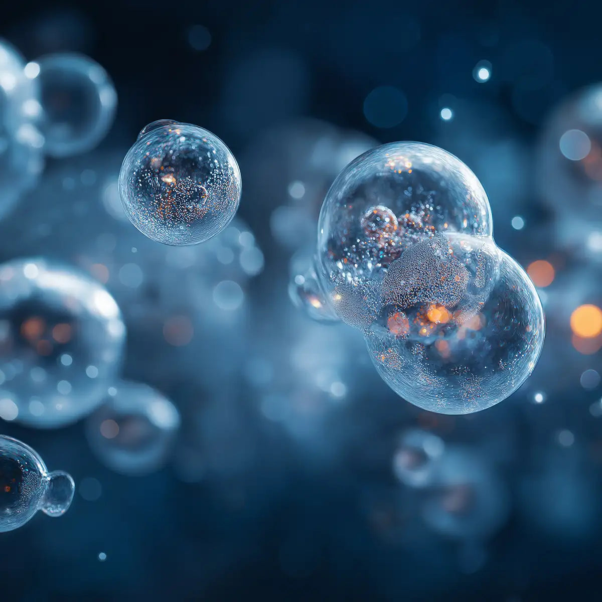 Oemeta ADDI PROX SC sump cleaner additive shown as clear micro bubble spheres on a blue coolant surface used by Tech Tool for cleaning water soluble coolant systems and restoring clean stable sump conditions