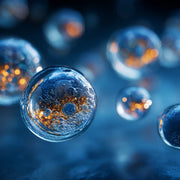Oemeta ADDI PROX STO44 emulsifying agent shown as clear micro bubble spheres on a blue coolant surface used by Tech Tool for stabilizing water mixed coolants and improving emulsion formation