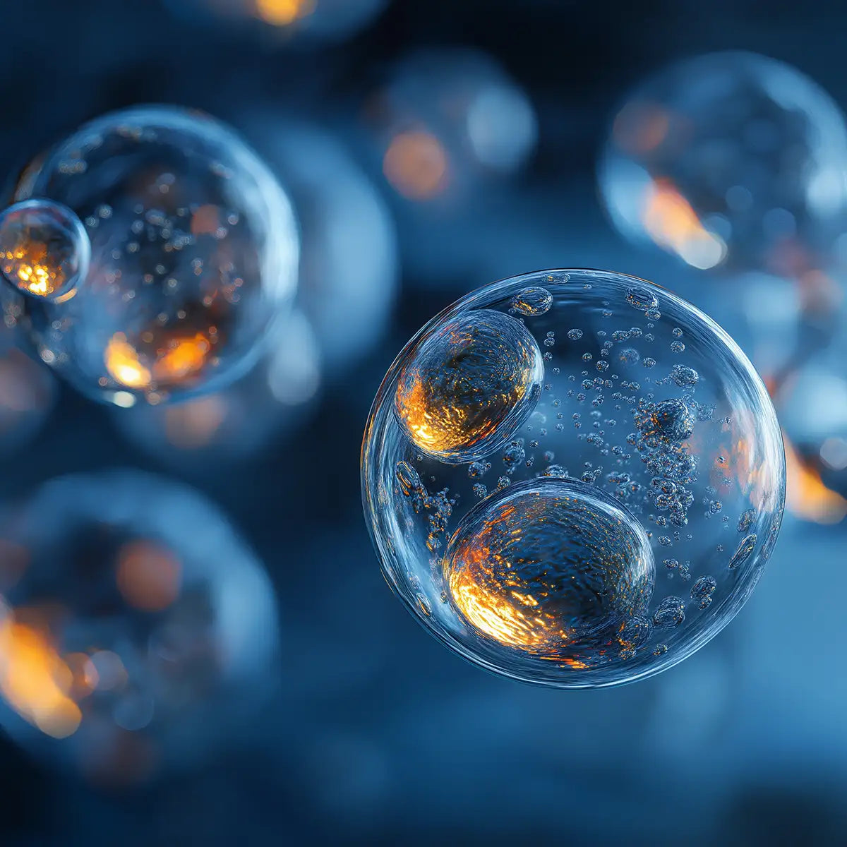Oemeta ADDI PROX STO46 emulsifying agent shown as clear micro bubble spheres on a blue coolant surface used by Tech Tool for stabilizing water mixed coolants and improving emulsion performance