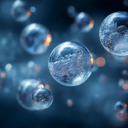 Oemeta ADDI PROX Y2 EP additive shown as clear micro bubble spheres on a blue coolant surface used by Tech Tool for boosting straight oils in general machining applications and safe performance on yellow metals