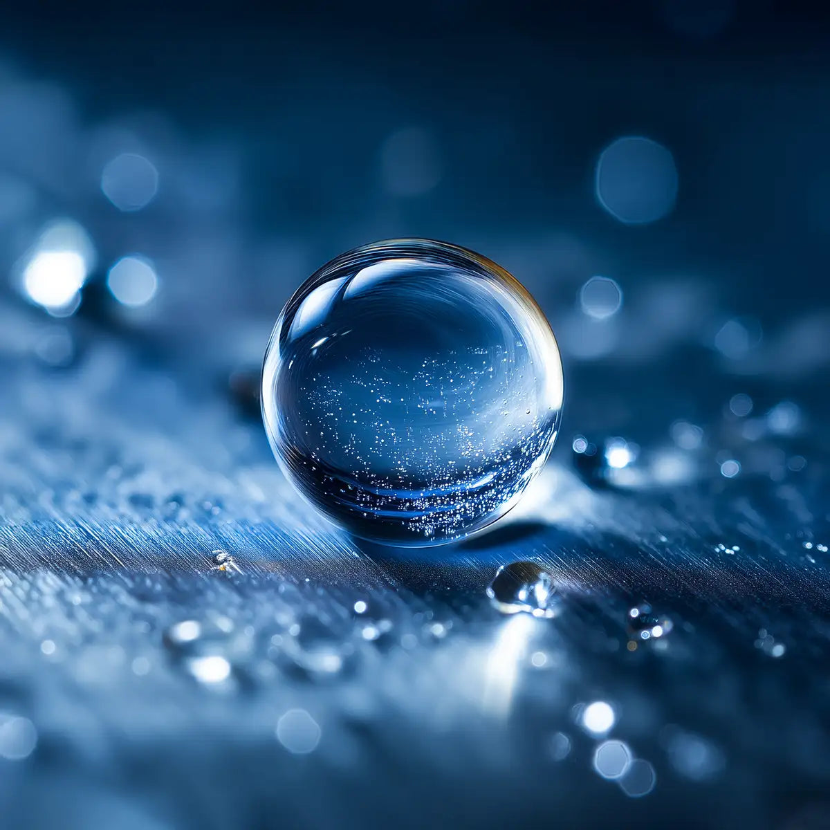 Realistic macro shot of a round water droplet on clean brushed metal illustrating Oemeta Cleaner 100 EC’s deep cleaning performance