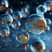 Oemeta GROTAN biocide shown as clear micro bubble spheres on a blue coolant surface used by Tech Tool for maintaining water based coolant systems and controlling biological growth