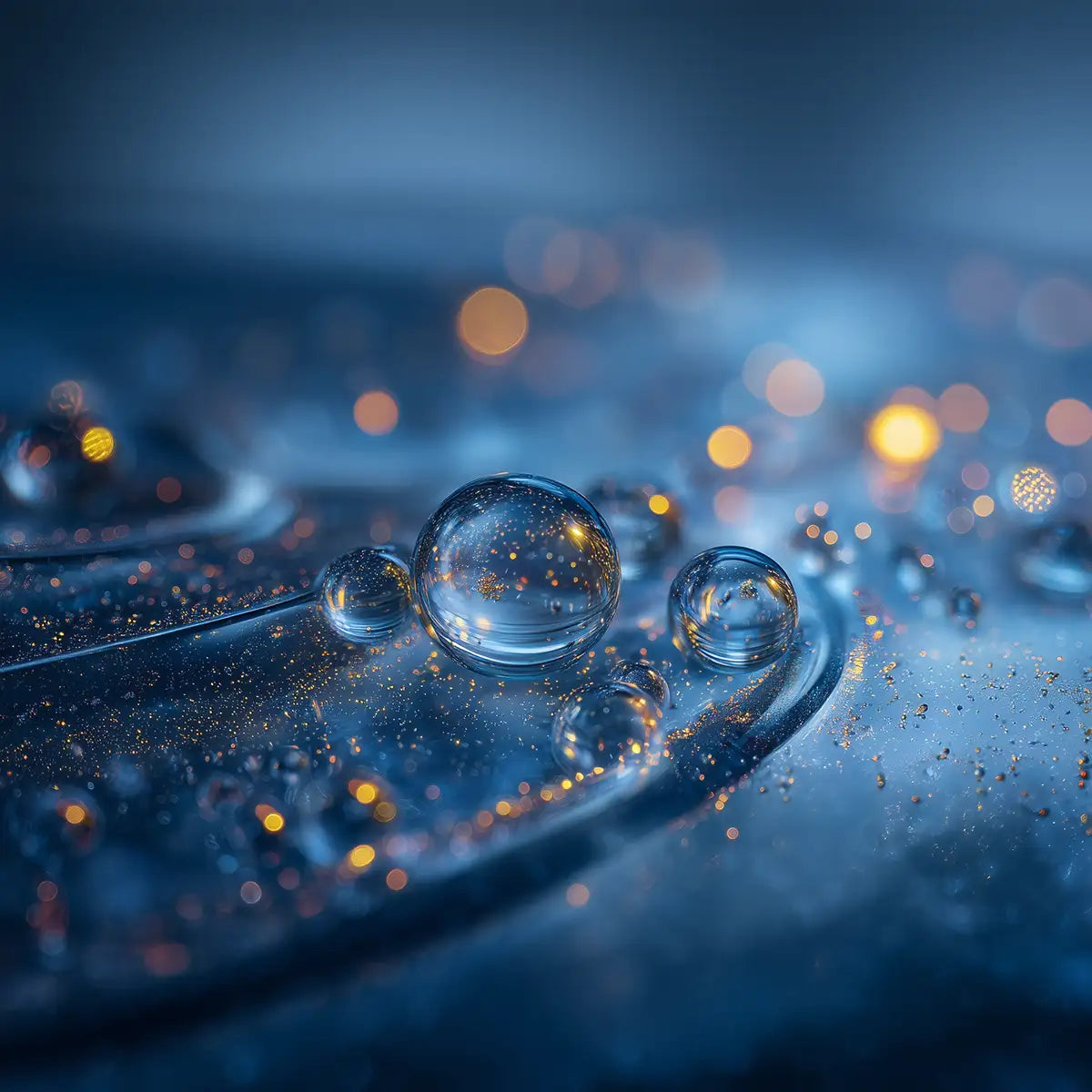 Oemeta coolant micro droplet cluster in a blue galaxy like formation captured with soft glimmer and clarity to convey stability cleanliness and high performance machining