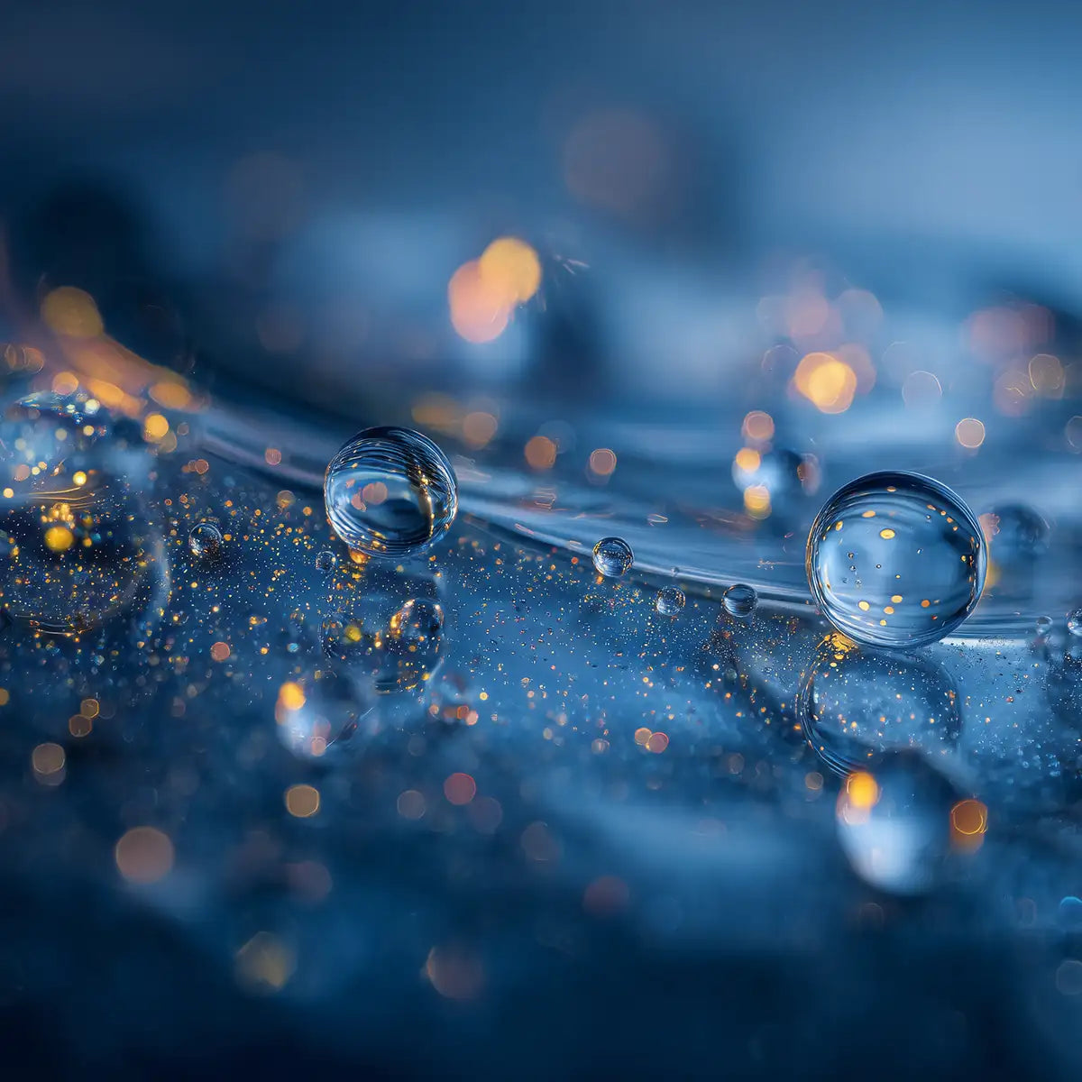 Close up of Oemeta ADDITIV HM additive on a blue coolant surface with detailed micro droplet clarity used by Tech Tool for the Hycut coolant system and carbide machining support