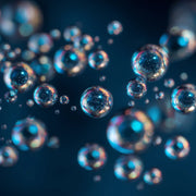 Oemeta HYCUT SW 32 ISO VG 32 lube oil shown as clear micro droplet clusters on a blue coolant surface used by Tech Tool for Hycut coolant systems emulsification and power component oil performance