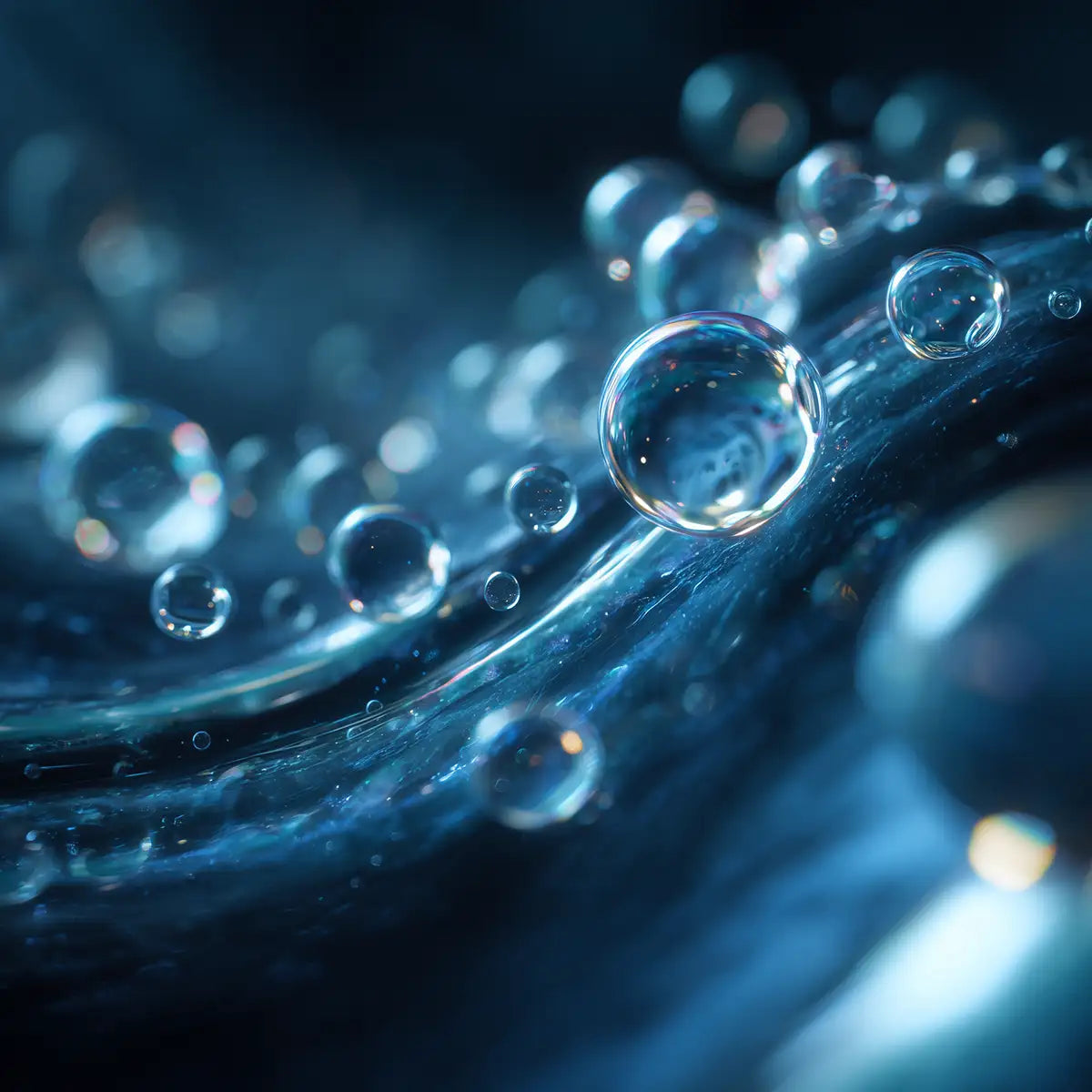 Fluid motion closeup of cooling liquid bubbles in deep blue light representing Tech Tool and Oemeta coolant performance