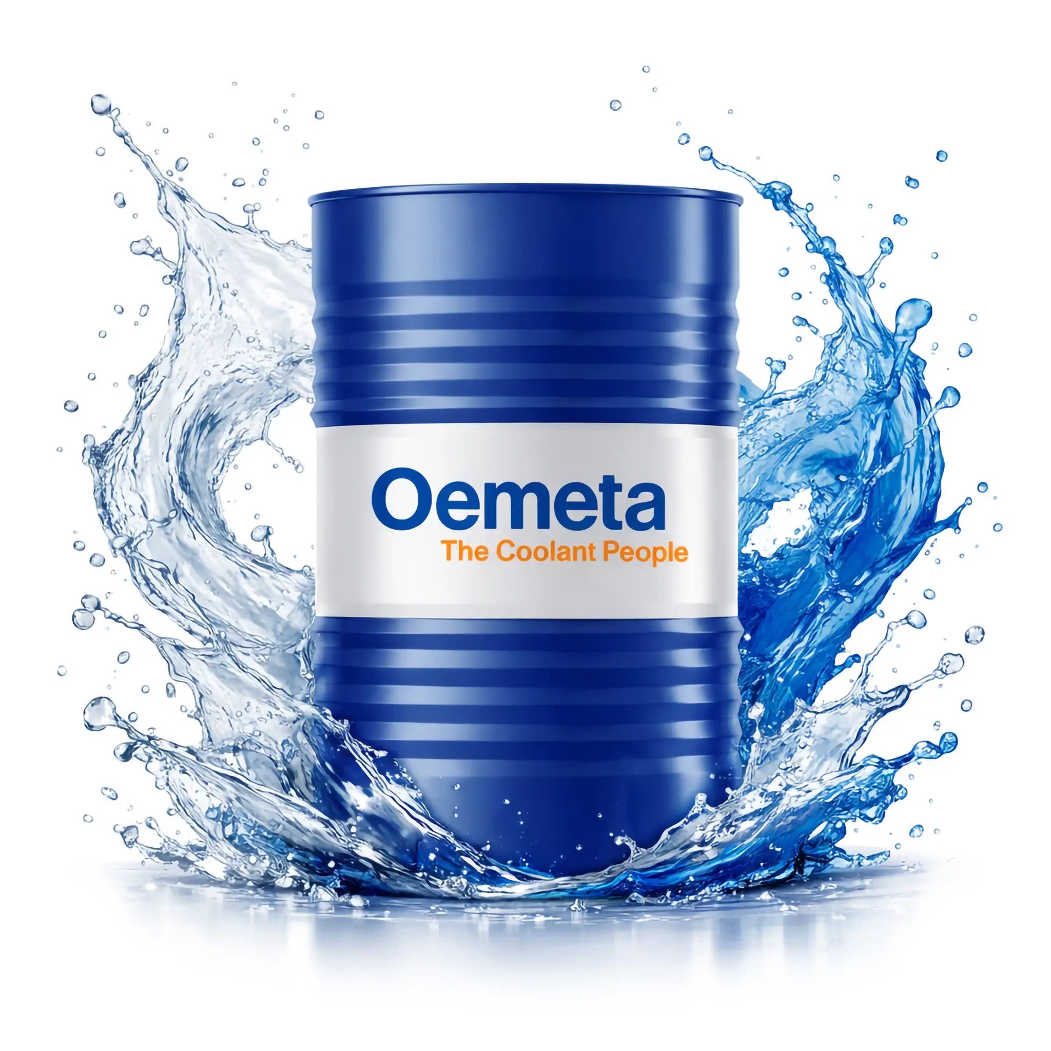 Blue drum with Oemeta branding surrounded by coolant splashes on a white background