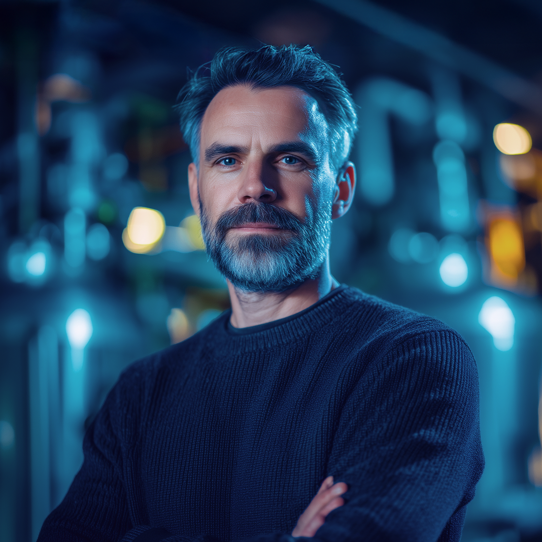 Man with a beard and mustache wearing a dark sweater standing in a blurred indoor setting.
