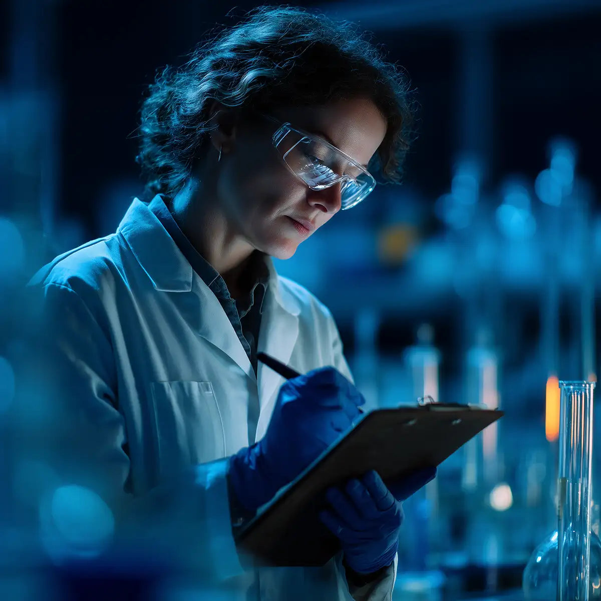 Lab technician reviewing safety data sheets in a clean controlled laboratory environment