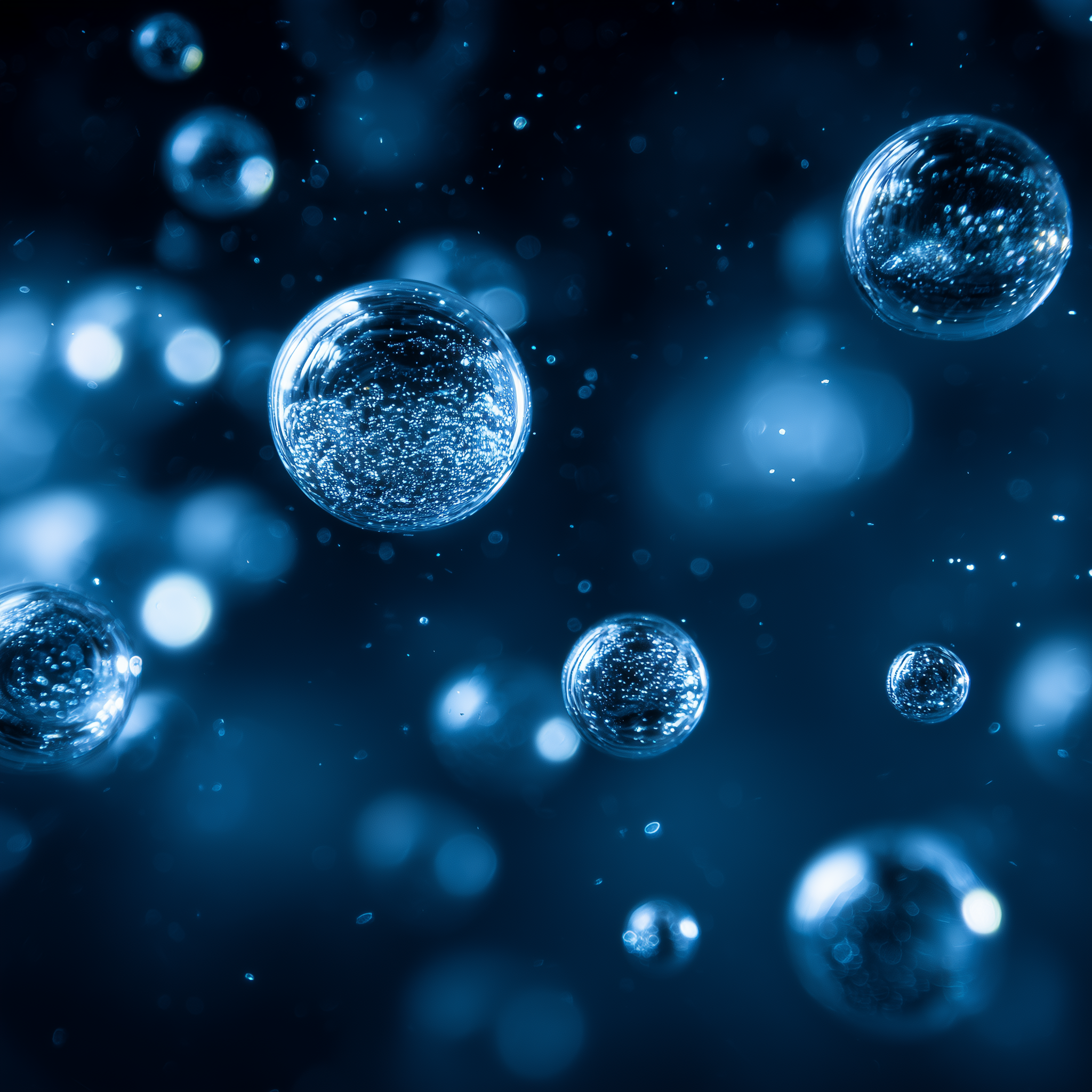 Blue coolant bubbles floating against a dark background.