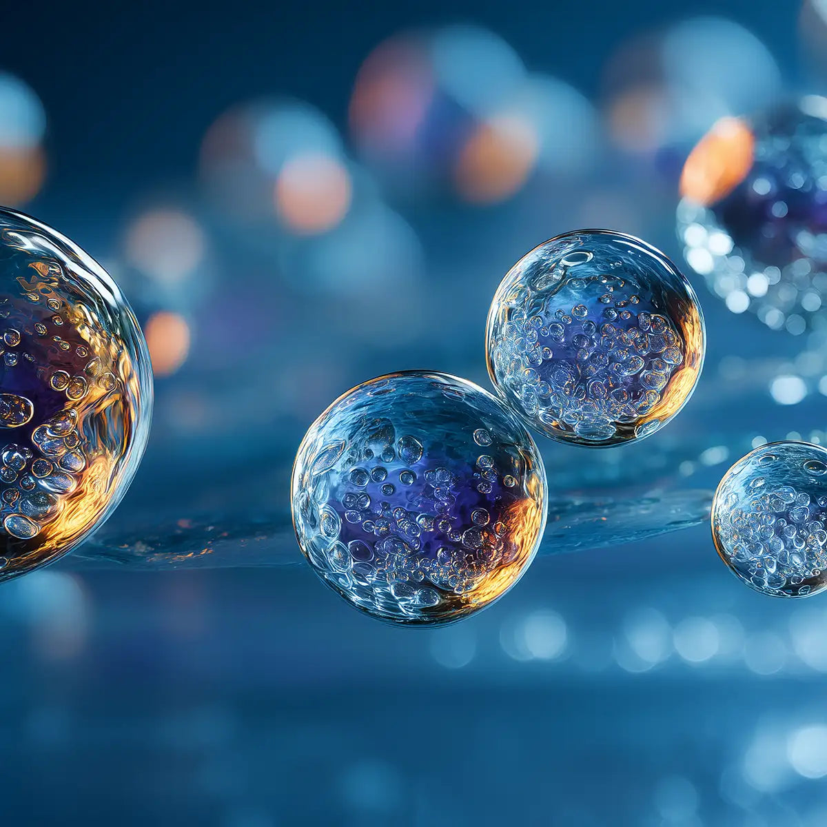 Oemeta POLYPHASE P20T fungicide additive shown as clear micro bubble spheres on a blue coolant surface used by Tech Tool for treating heavily fouled coolant systems and controlling fungal contamination