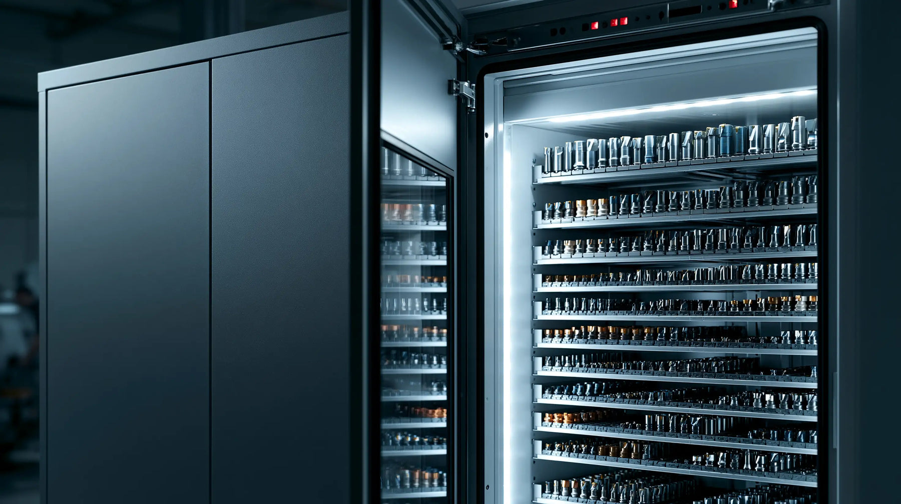 Illuminated cabinet stocked with precision CNC cutting tools for Tech Tool inventory management, VMI, and reliable machining supply.